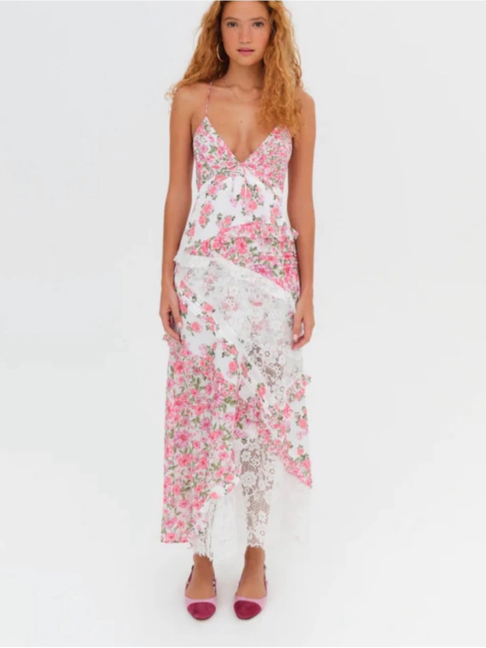 For Love & Lemons Rosalyn Dress White and Pink Floral Lace Maxi Dress